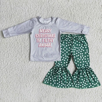 Merry Christmas Kız Uzun Kollu Gri Üst Yeşil Flare Pantolon Beyaz Nokta Takım Elbise Çocuklar Kış O-Boyun Gemi Hazır Kıyafet