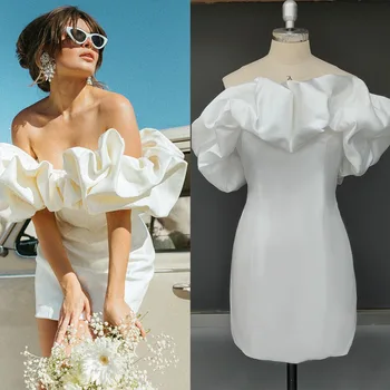 Mini Uzunluk Saten Kapalı Omuz Mikro düğün elbisesi Custom Made Basit Basit Pick - Up Diz Üstü Fildişi Seksi Kılıf gelinlikler