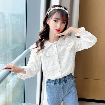 Moda Beyaz Bluz Çocuklar Kızlar için Bahar Güz Sevimli Dantel Uzun Kollu Üstleri Koreli Çocuk Prenses Dip Gömlek 4 8 12 Yıl