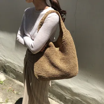 Moda Rattan Kadın omuz çantaları Wikcer Dokuma Bayan Çanta Büyük Kapasiteli Yaz Plaj saman torbaları Casual Tote Çantalar 2022