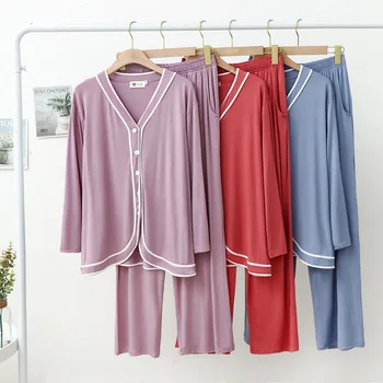 Modal Pijama Kadınlar için Pamuk Ev Giyim Hırka Kenar Uzun kollu Üstleri Uzun Pantolon Cep Düz Renk Ev Takım Elbise