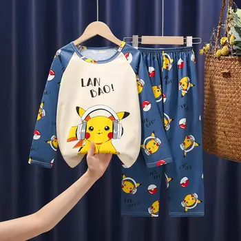 Pokemon Pikachu Kawaii pamuklu uzun kollu tişört Pijama Öğrenci Karikatür Ev Giyim Sevimli Kız Anime İnce Uyku Ceket Setleri noel hediyesi