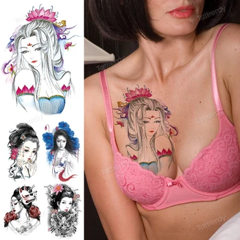 Renk Sevimli Kız Geçici Dövme Etiket Japon Geyşa Anime Kanat Sahte Dövmeler Çıkartmaları Vücut Sanatı Kol Sahte Dövme Kadınlar Erkekler için