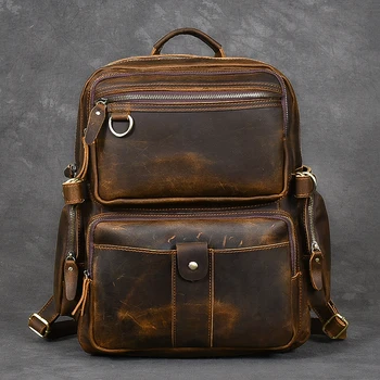 Retro Çılgın At Deri erkek Sırt Çantası laptop çantası Çok cep Schoolbag Erkekler seyahat sırt çantaları omuz çantaları Inek Derisi Vintage