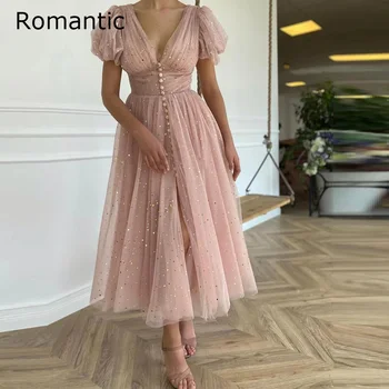 Romantik Glitter Pembe balo kıyafetleri V Boyun kısa gece elbisesi Kadın Puf Kollu Bahçe Boho Gelin Midi Uzunluğu Parti Örgün önlük