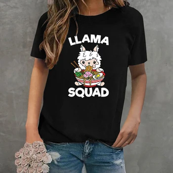 Sevimli Lama Kadro Yemek Erişte baskı t-shirt Kadın Karikatür Grafik Tees harajuku tişört Unisex Moda Yaz Tshirt Kadın Üst