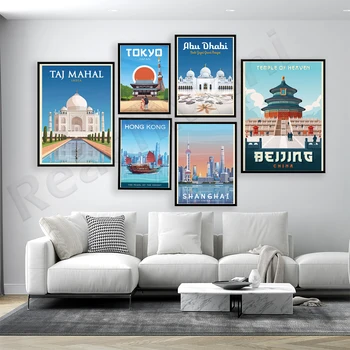 Singapur, Şangay, Hong Kong, Pekin Cennet Tapınağı, Tac Mahal, Japonya, Dubai, Abu Dabi Şeyh Zayed Camii seyahat afişi