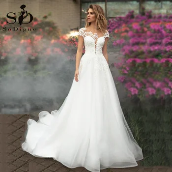 SoDigne Boho düğün elbisesi Fildişi Dantel 3D Çiçek Bir Çizgi Tül gelinlikler Custom Made Cap Kollu düğün elbisesi 2022