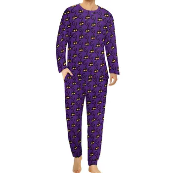 Spooky Siyah Kedi Pijama Bahar Mutlu Cadılar Bayramı Gece Pijama Erkek İki Parçalı Baskılı Uzun Kollu Romantik Boy Pijama Seti