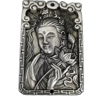 Tibet Gümüş Kabartma Guanyin Muska Kolye Feng Shui Şanslı Kolye