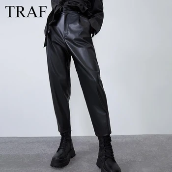 TRAF Moda 2022 Pantolon Yüksek Bel Pu Deri İlkbahar Ve Sonbahar Kadın Elbise Tam Boy Pantolon Kadın Pantolon Streetwear