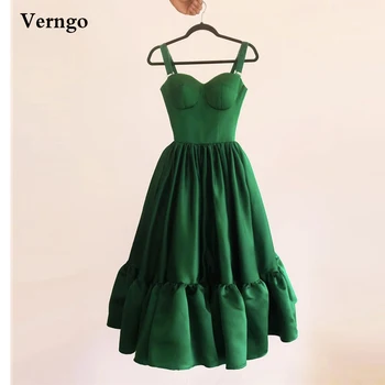 Verngo Basit Yeşil Saten balo kıyafetleri Sevgiliye Sapanlar Bir Çizgi Çay Boyu Basit Örgün Parti Elbise Mezuniyet Elbisesi