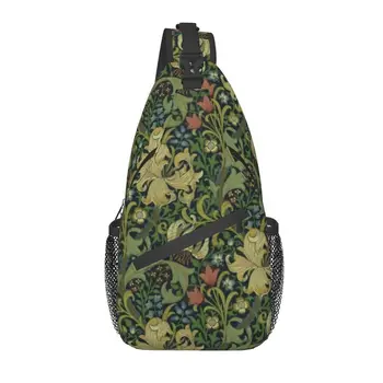 William Morris Şirketi Crossbody asma sırt çantası Erkekler Özel Çiçek Tekstil Desen Omuz Göğüs Çantası Bisiklet Kamp Sırt Çantası