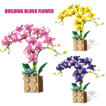 Yaratıcı Yapı Taşları Çiçek DIY Simülasyon Buket Orkide Bonsai Ev Dekorasyon Kız Montaj Oyuncaklar çocuk Tatil Hediye