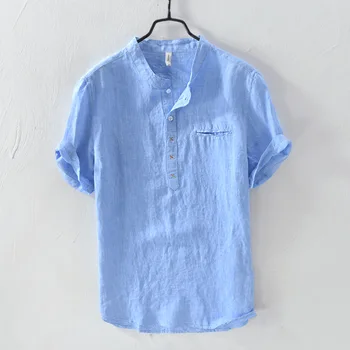 Yaz 100 % Keten Gömlek Erkekler Kısa Kollu Kazak İnce Keten Gömlek Erkek Moda Düz Renk Trendi Standı Yaka Tees TS-406