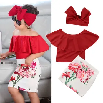 Yaz Güzel Çocuk Bebek Kız Giysileri Kırmızı Kapalı Omuz Üstleri + Çiçek Etek + Kafa Bandı Kıyafet Giysileri çocuk Setleri