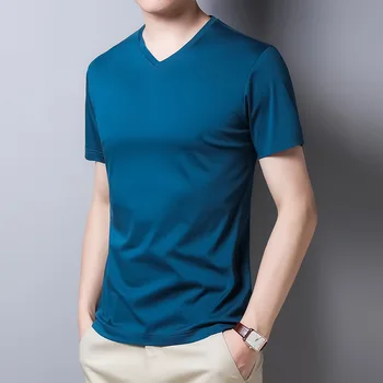Yaz Orta Yaşlı erkek Çift Merserize Pamuklu V Yaka kısa kollu tişört Düz Renk Rahat Kore Versiyonu erkek tişört
