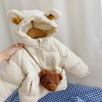 Yeni 2021 Moda Çocuk Kış Ceket Bebek Kız Sevimli Katı kapüşonlu ceket ile Bebek Çantası Toddler Sıcak ve Kalınlaşmış Giyim