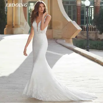 Yeni düğün elbisesi Mermaid Dantel Derin V Yaka Yaka Kolsuz Aç Geri Evlenmek Artı Boyutları gelinlik 2021 Vestidos De Novia