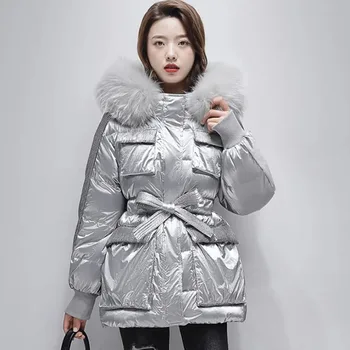 Yeni Kış kapüşonlu parka Aşağı pamuklu ceket Kadınlar Parlak Uzun Yastıklı pamuklu ceket Rahat Büyük Kürk Yaka Rüzgar Geçirmez Ceket