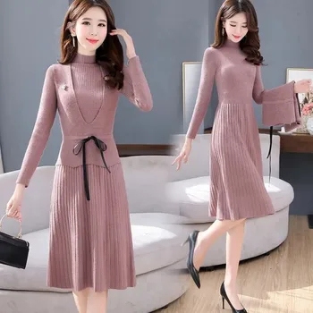 Yeni Moda 2021 Sonbahar Kış Kadın Uzun Kazak Elbise Kazaklar Sıcak Örme Kazak Elbiseler + Kazak Yelek İki Adet Set