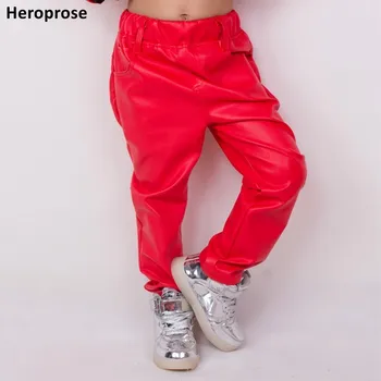 Yeni Moda Sonbahar ve Kış Çocuk Harem Hip Hop Pantolon Çok cepler çocuk Sweatpants Kırmızı Sahte PU Deri İnce pantolon
