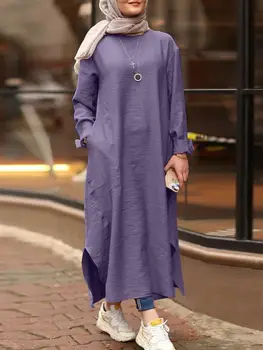 ZANZEA 2022 Kaftan islami maksi elbise kadın İslam Sundress Uzun Kollu Vestidos Kadın Casual Katı Robe Femme