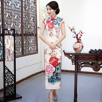 Zarif Çiçek Baskılı Saten Çin Uzun Qipao Elbise Geleneksel Kadın Mandarin Yaka Cheongsam Vestidos Boy 4XL