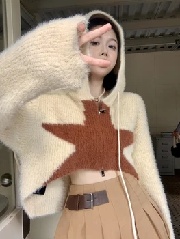 Çift fermuarlı Yıldız Desen Uzun Kollu Gevşek Kırpma Üstleri Kadınlar için 2022 Kış Vintage 90s Örme Kazak Elbise Kapşonlu Triko