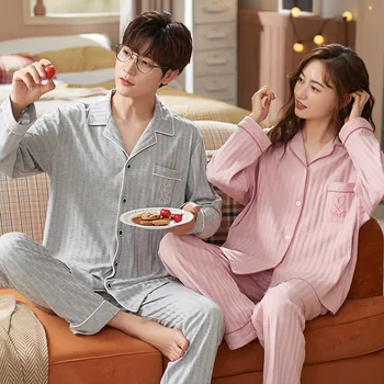 Çift pijama kadın uzun kollu Kore versiyonu düz renk pamuk sevimli erkek basit sonbahar ve kış ev giyim