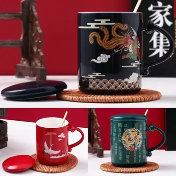 Çin Tarzı Seramik Kupa kapaklı bardak Kaşık Orient Vinç Kahve Kupa Çay Fincanı Su Kahvaltı Bardak Cafe Drinkware Hatıra Hediyeler