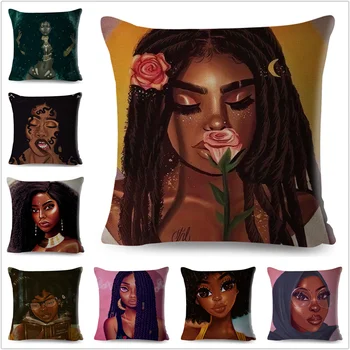 Çizgi film Afrika Kız Renkli Siyah Kadın Kanepe Araba Ev Yastık kılıfı için Güzel Yastık Dava Polyester Dekor Yastık Kapak 45x45