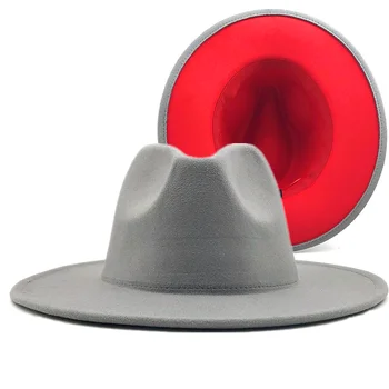 gri kırmızı Patchwork Yün Keçe Caz Fedora Şapka Kadın Unisex Geniş Brim Panama Parti Fötr Kovboy Şapkası Erkekler Beyefendi Düğün Şapka XL