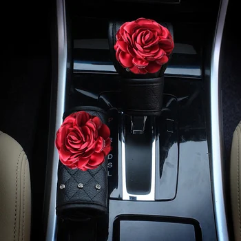 Kristal Kırmızı Gül Çiçek Araba El Freni Kapağı Vites Kolu Topuzu Kapak Taklidi Deri Oto Araba Aksesuarları Kızlar için