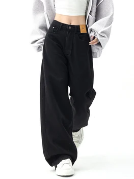 Sonbahar Kadın Siyah Renk Yüksek Bel Klasik Kot Pantolon Yüksek Bel Düz Renk Gevşek Geniş Bacak Kadın Jean Pantolon Basit Temel