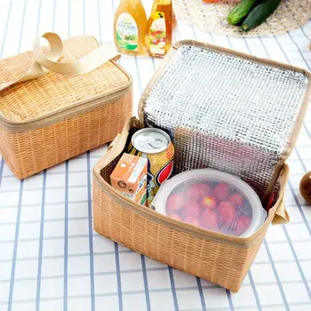 Yapay Rattan Öğle Yemeği Çantaları Taşınabilir Yalıtımlı Kutu Piknik Kamp için Gıda Konteyner Termal Soğutucu Kılıfı Tote Saklama Çantası